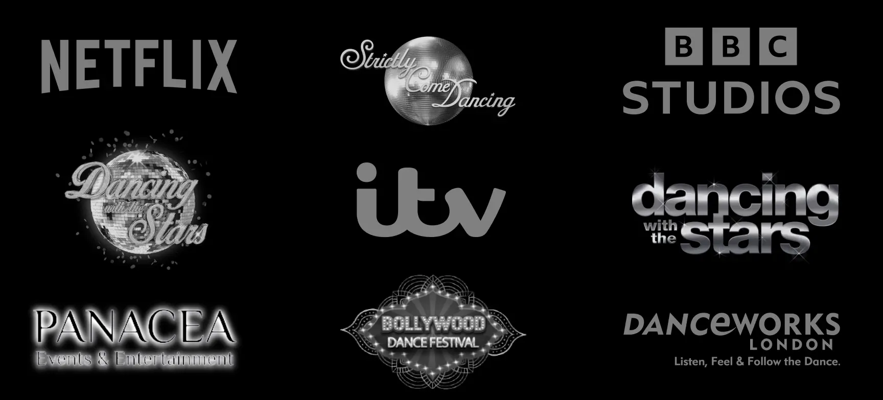 Pallet displays brands we have worked with such as netflix, strictly come dancing. dancing with the stars, bbc studios, panacea events, dance works studios, bollywood festival and more.